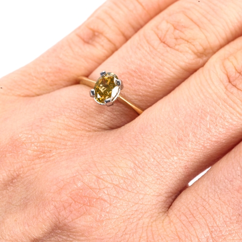 411 - A 1ct fancy dark greenish yellow oval-cut solitaire diamond ring, 18ct gold and platinum settings, c... 