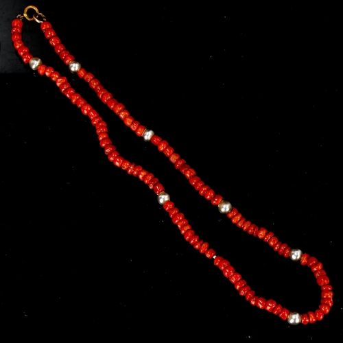 418 - A Vintage single-row coral bead and pearl necklace, length 40cm, 15.6g