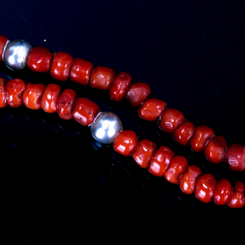 418 - A Vintage single-row coral bead and pearl necklace, length 40cm, 15.6g