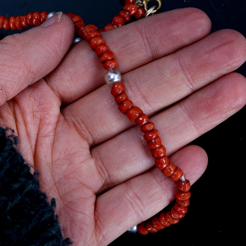 418 - A Vintage single-row coral bead and pearl necklace, length 40cm, 15.6g