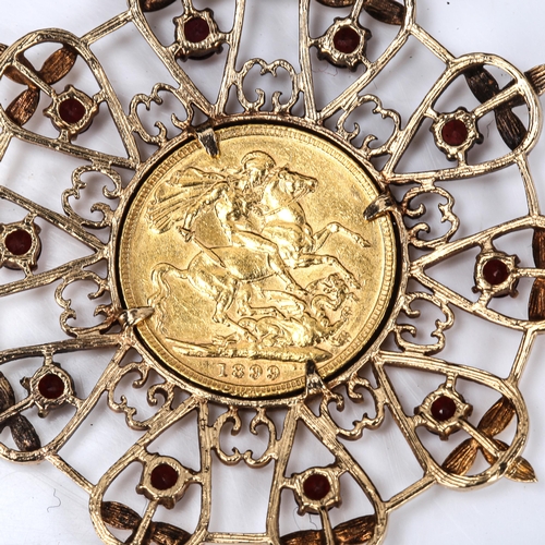 419 - A Queen Victoria 1899 full sovereign gold coin, in large 9ct gold garnet openwork pendant mount, ove... 