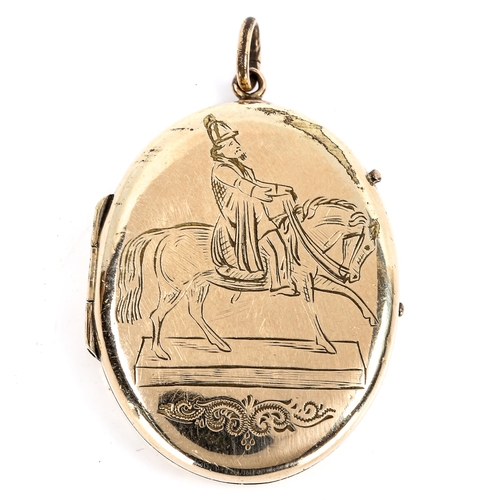 316 - A Victorian locket pendant, engraved decoration depicting Russian Kossack on horseback, unmarked yel... 