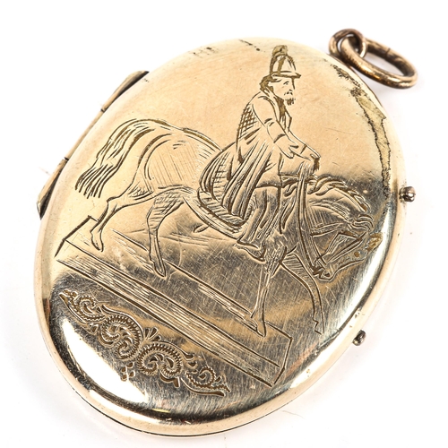 316 - A Victorian locket pendant, engraved decoration depicting Russian Kossack on horseback, unmarked yel... 