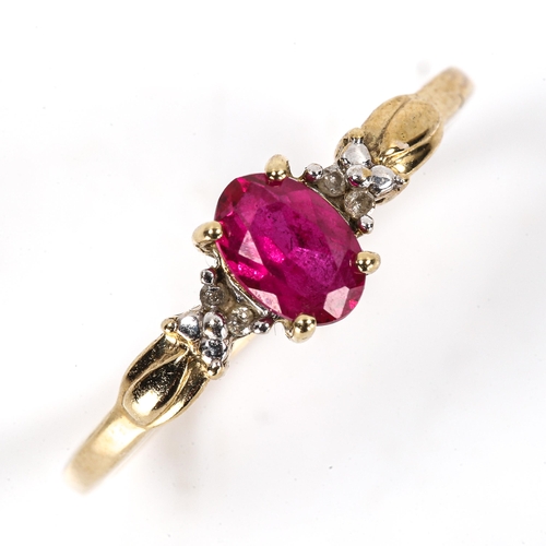 318 - A modern 9ct gold synthetic ruby and diamond dress ring, set with oval-cut ruby and single-cut diamo... 