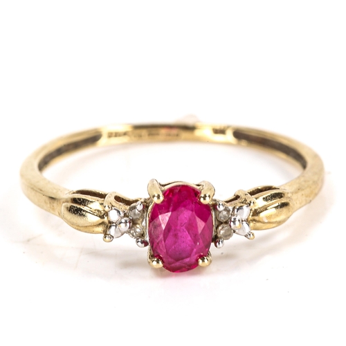 318 - A modern 9ct gold synthetic ruby and diamond dress ring, set with oval-cut ruby and single-cut diamo... 