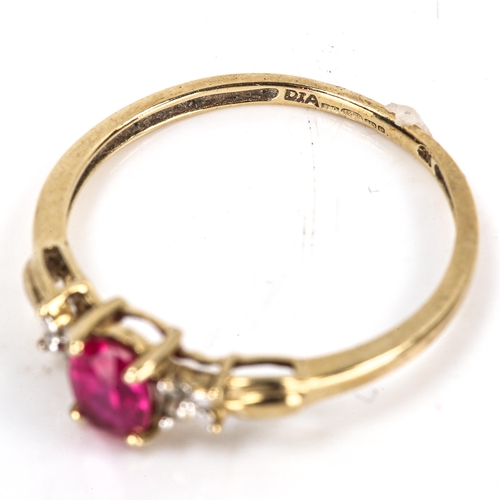 318 - A modern 9ct gold synthetic ruby and diamond dress ring, set with oval-cut ruby and single-cut diamo... 