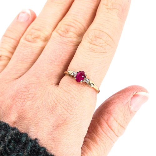 318 - A modern 9ct gold synthetic ruby and diamond dress ring, set with oval-cut ruby and single-cut diamo... 