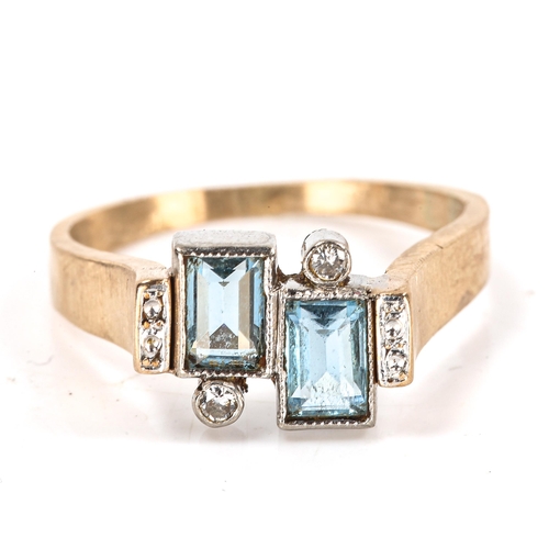 319 - An Art Deco style aquamarine and diamond ring, unmarked gold geometric settings with rectangular aqu... 