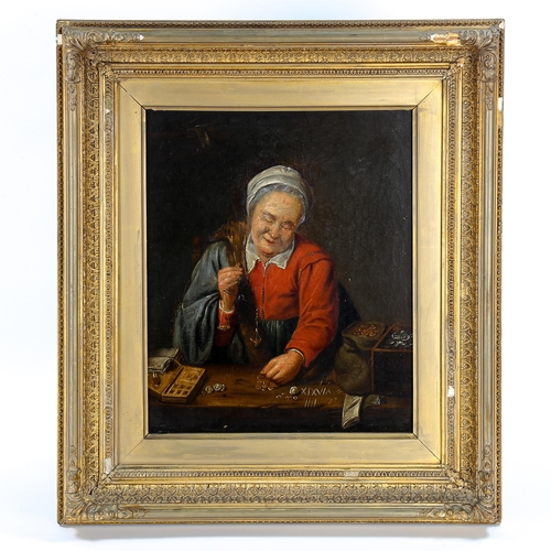 1501 - 19th century oil on canvas, woman counting money, unsigned, image 35cm x 28cm, framed