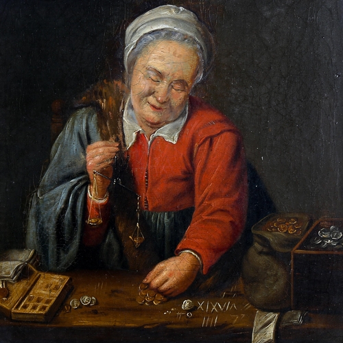 1501 - 19th century oil on canvas, woman counting money, unsigned, image 35cm x 28cm, framed