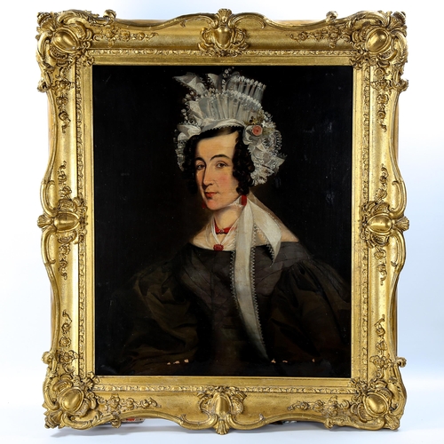 1503 - 19th century oil on canvas, half length portrait of Elizabeth Bush (nee Oliver), unsigned, original ... 