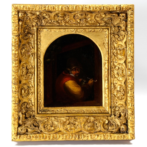 1507 - 18th century oil on oak panel, soldier at a tavern window, unsigned, 22cm x 18cm, framed