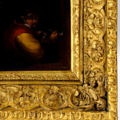 1507 - 18th century oil on oak panel, soldier at a tavern window, unsigned, 22cm x 18cm, framed