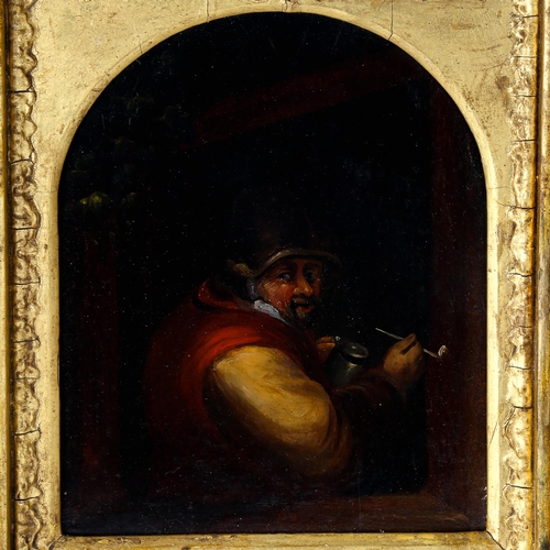 1507 - 18th century oil on oak panel, soldier at a tavern window, unsigned, 22cm x 18cm, framed