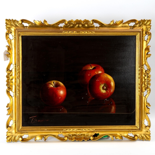 1508 - F Barrasani, oil on canvas, apples, signed, 40cm x 50cm, carved giltwood frame, provenance; Stacy-Ma... 