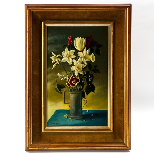 1509 - Robert Antoine, oil on canvas, still life flowers in a pewter jug, signed, 35cm x 20cm, framed, prov... 