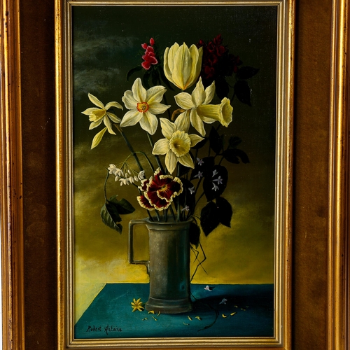 1509 - Robert Antoine, oil on canvas, still life flowers in a pewter jug, signed, 35cm x 20cm, framed, prov... 