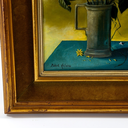 1509 - Robert Antoine, oil on canvas, still life flowers in a pewter jug, signed, 35cm x 20cm, framed, prov... 