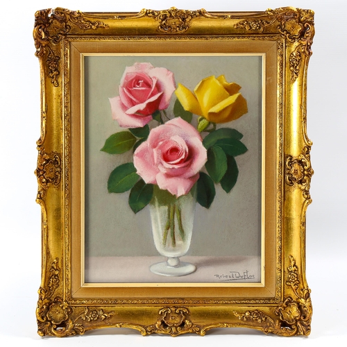 1510 - Robert Duflos (born 1898), colour pastels, still life roses, signed, 34cm x 25cm, framed, provenance... 