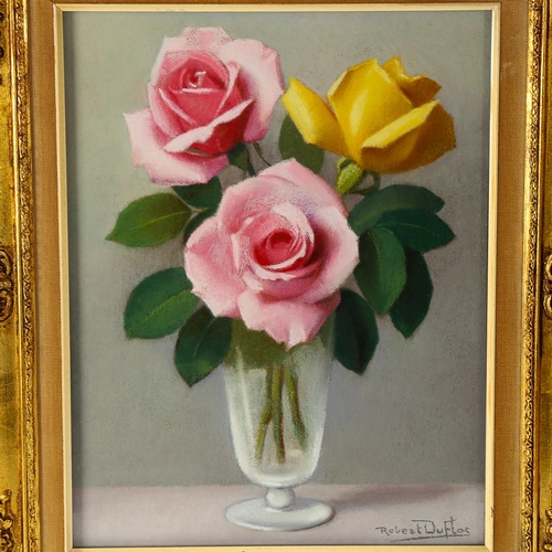 1510 - Robert Duflos (born 1898), colour pastels, still life roses, signed, 34cm x 25cm, framed, provenance... 