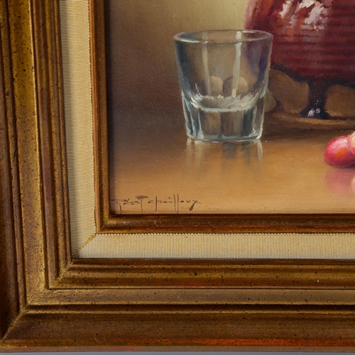 1511 - Robert Chailloux, oil on board, still life - grapes and earthenware, signed, 25cm x 33cm, framed, pr... 