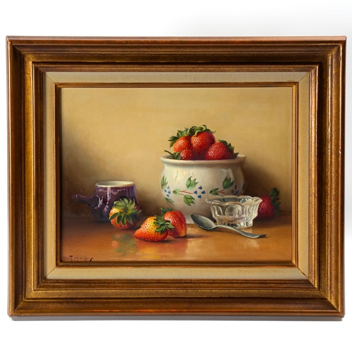 1512 - Robert Chailloux, oil on board, still life - strawberries and pottery, signed, 25cm x 33cm, framed, ... 