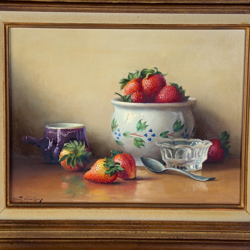 1512 - Robert Chailloux, oil on board, still life - strawberries and pottery, signed, 25cm x 33cm, framed, ... 