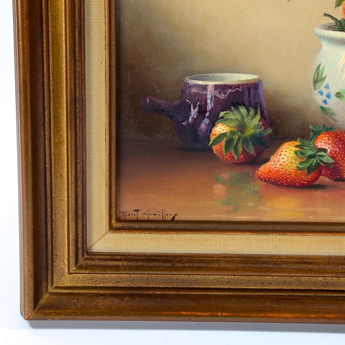 1512 - Robert Chailloux, oil on board, still life - strawberries and pottery, signed, 25cm x 33cm, framed, ... 