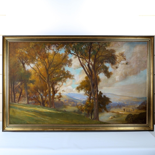 1525 - Henry Strachey, large oil on canvas, extensive landscape, signed and dated 1903, 75cm x 127cm, frame... 