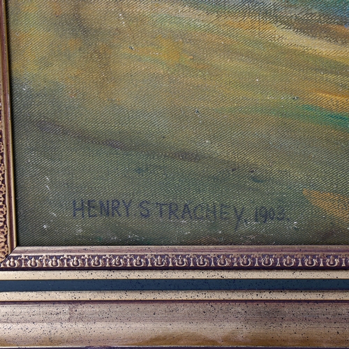 1525 - Henry Strachey, large oil on canvas, extensive landscape, signed and dated 1903, 75cm x 127cm, frame... 