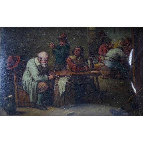 1529 - Miniature 19th century oil on board, tavern interior scene, unsigned, image 6cm x 10cm, framed