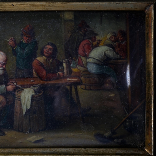 1529 - Miniature 19th century oil on board, tavern interior scene, unsigned, image 6cm x 10cm, framed