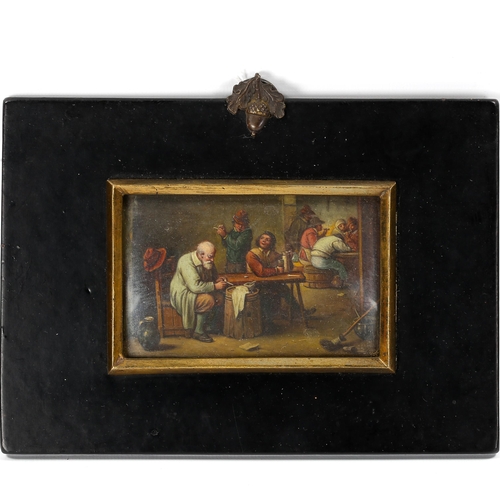 1529 - Miniature 19th century oil on board, tavern interior scene, unsigned, image 6cm x 10cm, framed