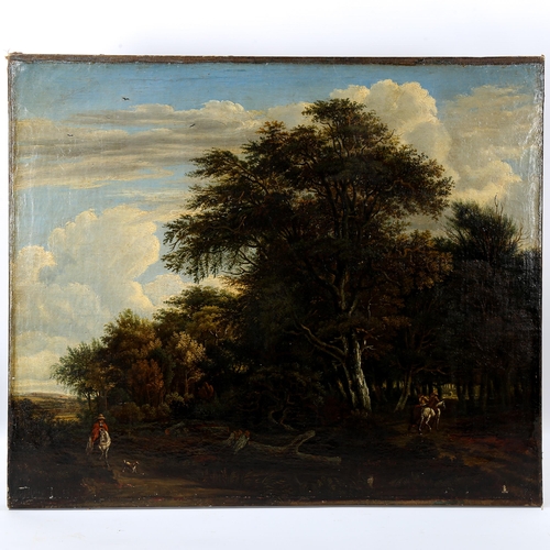 1532 - Early 19th century oil on canvas, travellers and horses on a woodland road, unsigned, 60cm x 72cm, u... 