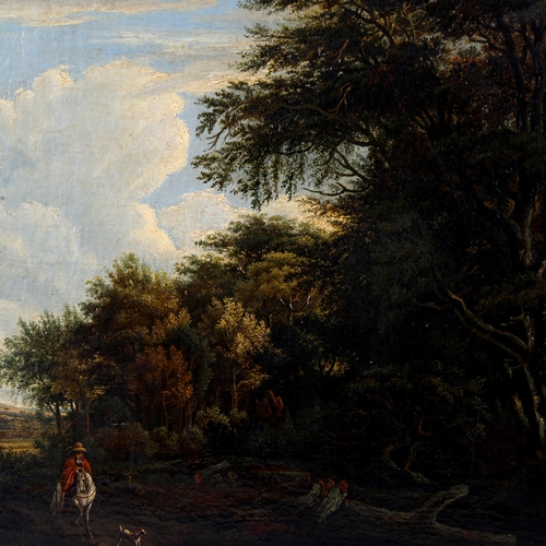 1532 - Early 19th century oil on canvas, travellers and horses on a woodland road, unsigned, 60cm x 72cm, u... 