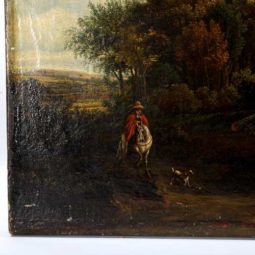 1532 - Early 19th century oil on canvas, travellers and horses on a woodland road, unsigned, 60cm x 72cm, u... 