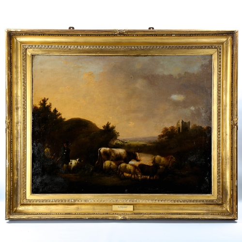 1535 - Attributed to George Morland, early 19th century oil on canvas, farmer and cattle in landscape, unsi... 