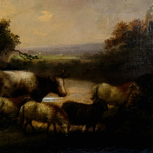 1535 - Attributed to George Morland, early 19th century oil on canvas, farmer and cattle in landscape, unsi... 