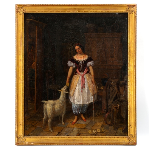 1536 - 19th century oil on canvas, girl feeding a goat, indistinctly signed, 55cm x 45cm, framed