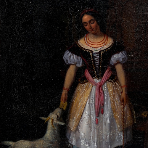 1536 - 19th century oil on canvas, girl feeding a goat, indistinctly signed, 55cm x 45cm, framed