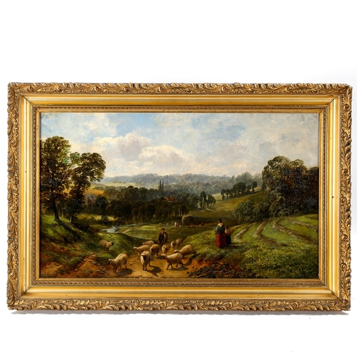 1539 - Attributed to George Vicat Cole, oil on canvas, figures and sheep in farm landscape, signed, 30cm x ... 