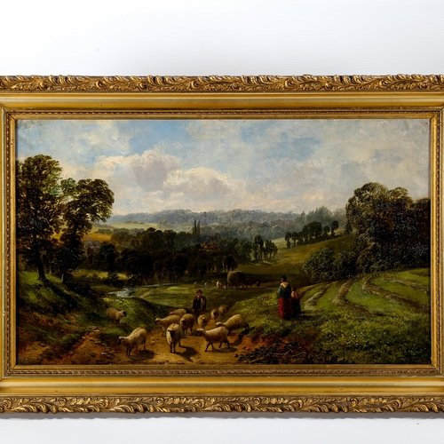 1539 - Attributed to George Vicat Cole, oil on canvas, figures and sheep in farm landscape, signed, 30cm x ... 