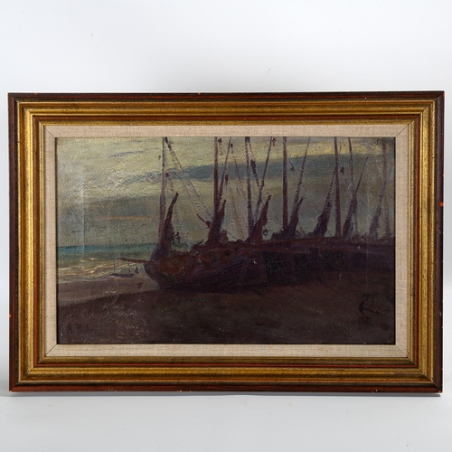 1543 - A Parker, oil on canvas, fishing boats at the shore, early 20th century, signed, 25cm x 40cm, framed