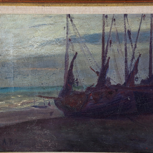 1543 - A Parker, oil on canvas, fishing boats at the shore, early 20th century, signed, 25cm x 40cm, framed