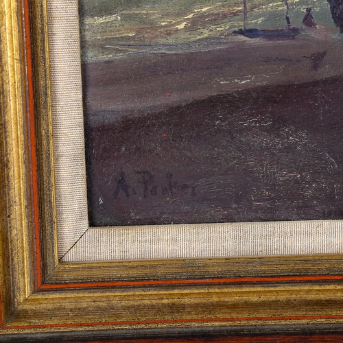 1543 - A Parker, oil on canvas, fishing boats at the shore, early 20th century, signed, 25cm x 40cm, framed