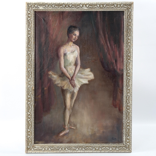 1544 - Mid-20th century oil on canvas, study of a ballerina, indistinctly signed Lind Anso, 60cm x 40cm, fr... 