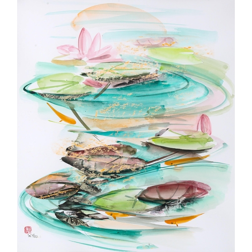 1549 - Wendy Yeo, watercolour, lily pads, signed, 50cm x 45cm, framed