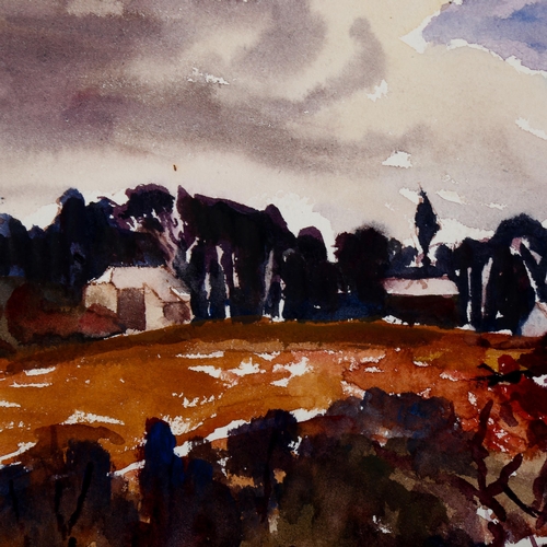 1568 - Fyffe Christie (1918-1979), watercolour on paper, Brown Fields and Cottages, mounted, 17CM x 24cm, m... 