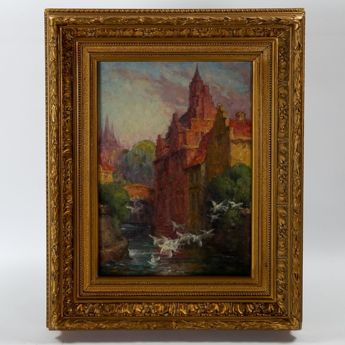 1583 - Early 20th century oil on artist's board, Continental city scene, unsigned, 35cm x 24cm, framed