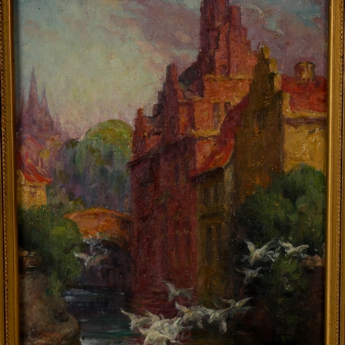 1583 - Early 20th century oil on artist's board, Continental city scene, unsigned, 35cm x 24cm, framed